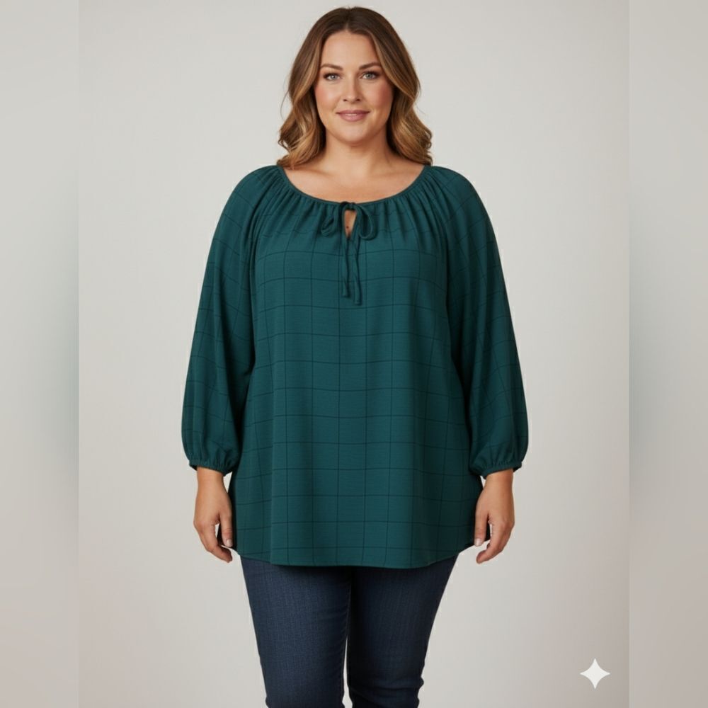 Olivia & Martin Women's Green Striped/Checkered Long Sleeve Blouse Size 3X
